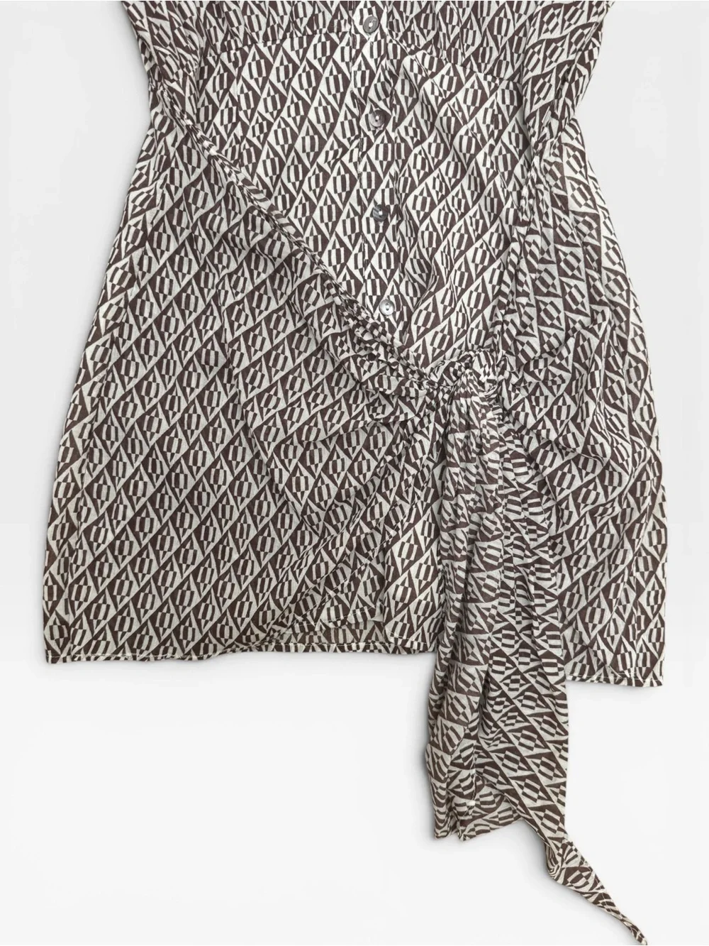 Free People Rillo Mini Tie-Waist Shirtdress Brown & Cream Geometric Print Size S